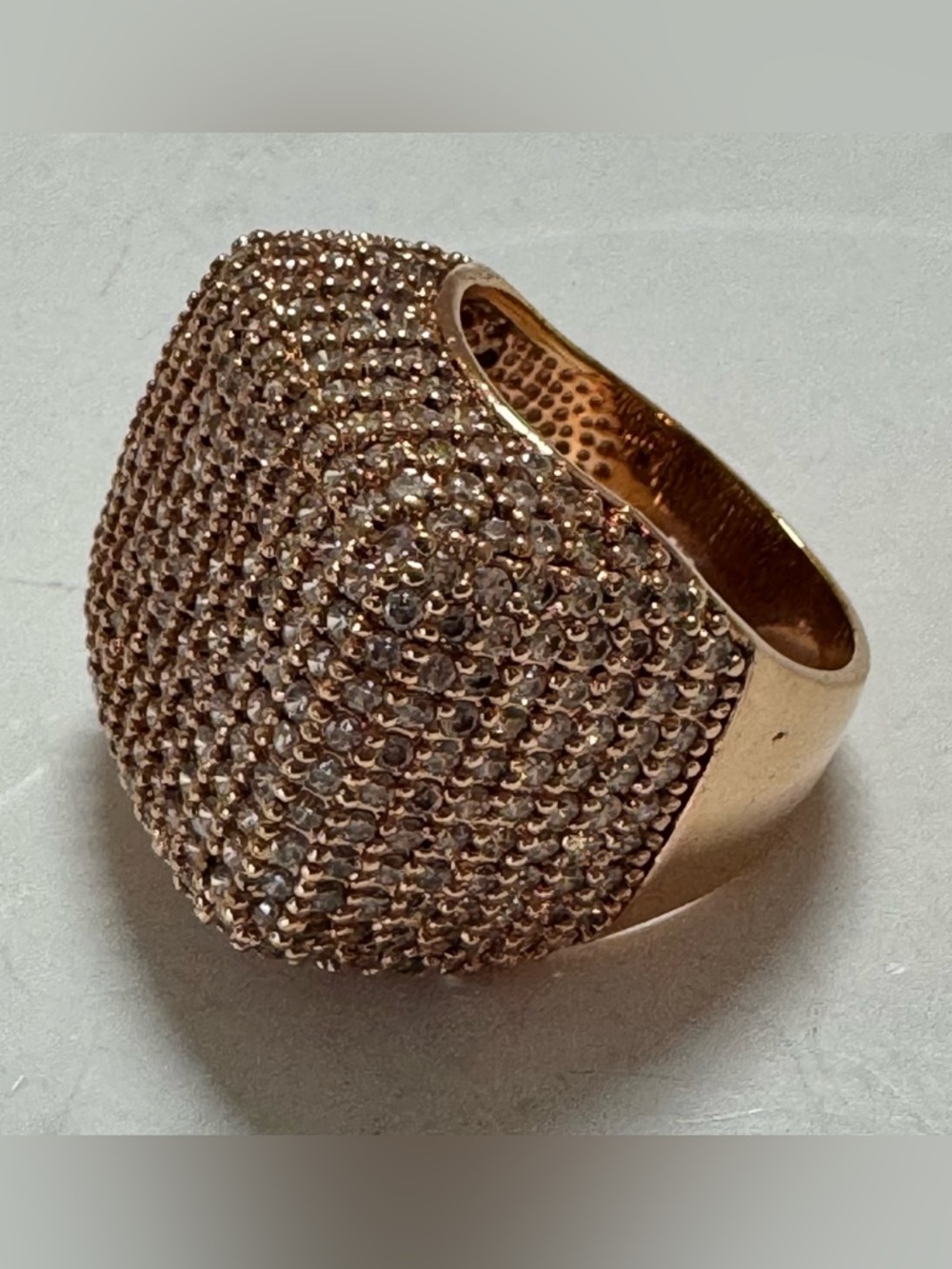 Rose gold tone statement ring with clear rhinestones - size 9.75